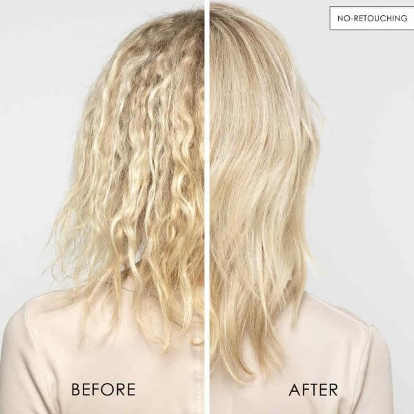 Olaplex no 8 before and after on wavy lightened hair showing smoother hair with more body