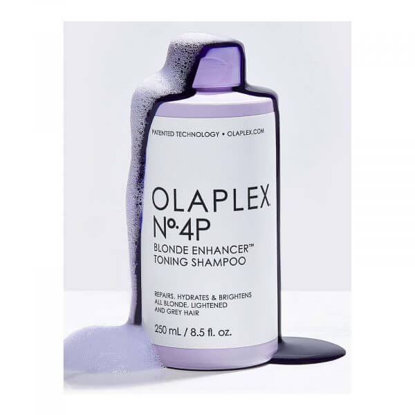 Olaplex No 4P Blonde Enhancer Toning Shampoo 250ml showing purple toning product and foam