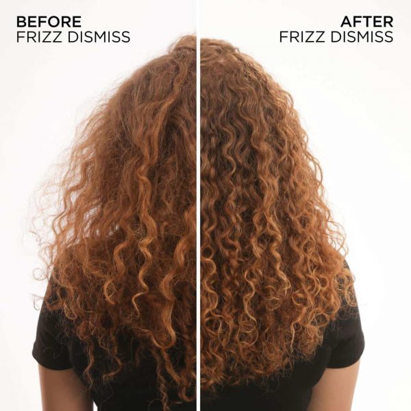 Redken Frizz Dismiss before after showing reduction in frizz and improvement in curl definition