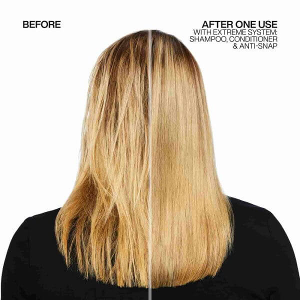 Blond hair before and after using Redken extreme shampoo condition and anti-snap leave in treatment