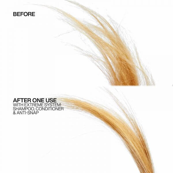 Close up of Blonde hair before and after using Redken extreme shampoo condition and anti-snap leave in treatment