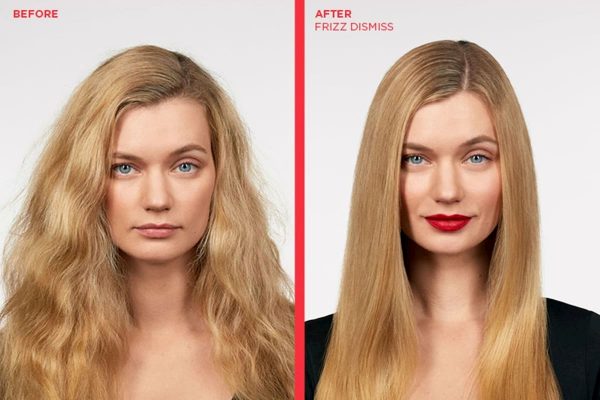 Redken Frizz Dismiss before and after showing reduction in frizz on blonde hair