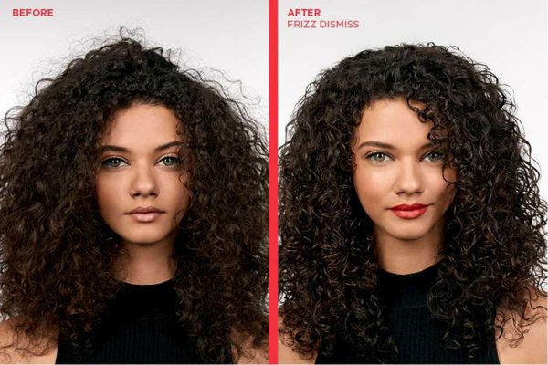 Redken Frizz Dismiss before and after showing reduction in frizz