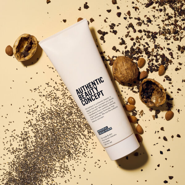 Authentic Beauty Concept Sensorial Cream Scrub showing ingredients of Chia seeds, walnut shells and apricot kernels