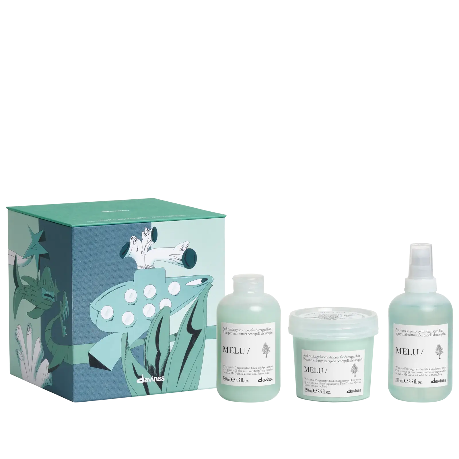 Davines Melu Christmas Gift Set Box 2026 with Melu shampoo, conditioner and anti-breakage spray