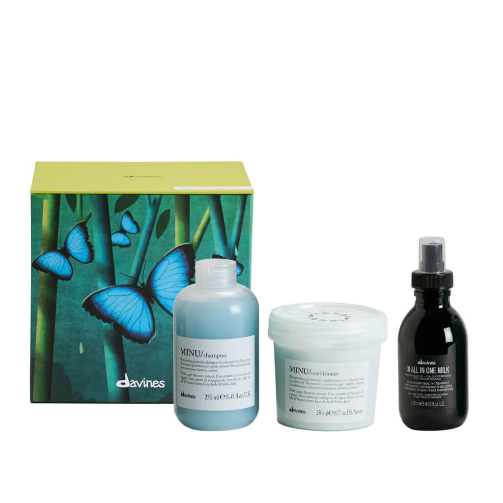 Davines Minu Christmas Gift Set Box 2025 with Minu shampoo, conditioner and oi all in one milk