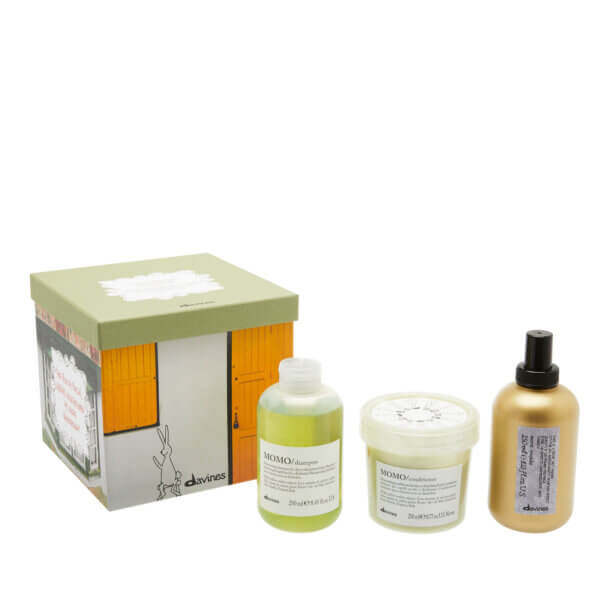 Davines Momo gift set 2023 box containing Momo shampoo, conditioner This is a blow dry primer spray