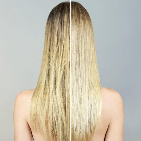 Photo showing before and after using Davines Liquid Luster on long blonde straight hair. Hair is smoother and shinier