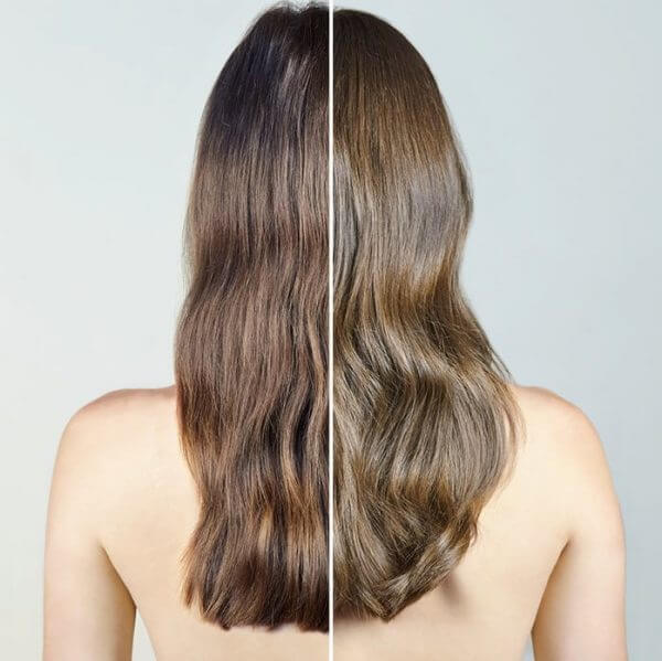 Photo showing before and after using Davines Liquid Luster on long brown straight hair. Hair is smoother and shinier