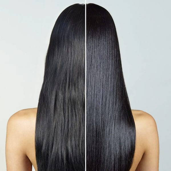 Photo showing before and after using Davines Liquid Luster on long black straight hair. Hair is smoother and shinier