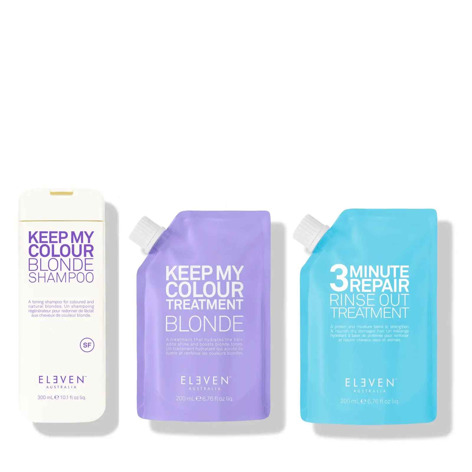 Eleven Australia blonde trio pack with keep my colour blonde shampoo, treatment and 3 minute repair treatment