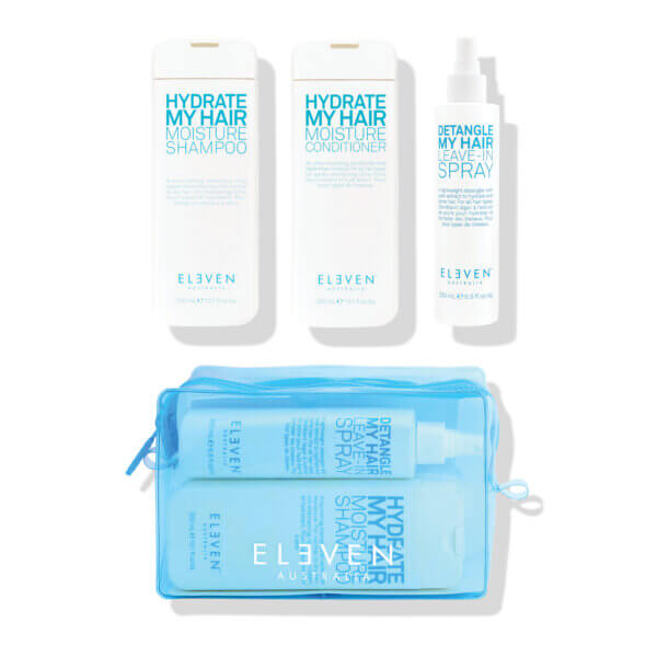 Eleven Australia hydrate trio christmas gift set 2023 with hydrate my hair shampoo and conditioner and detangle my hair leave in spray