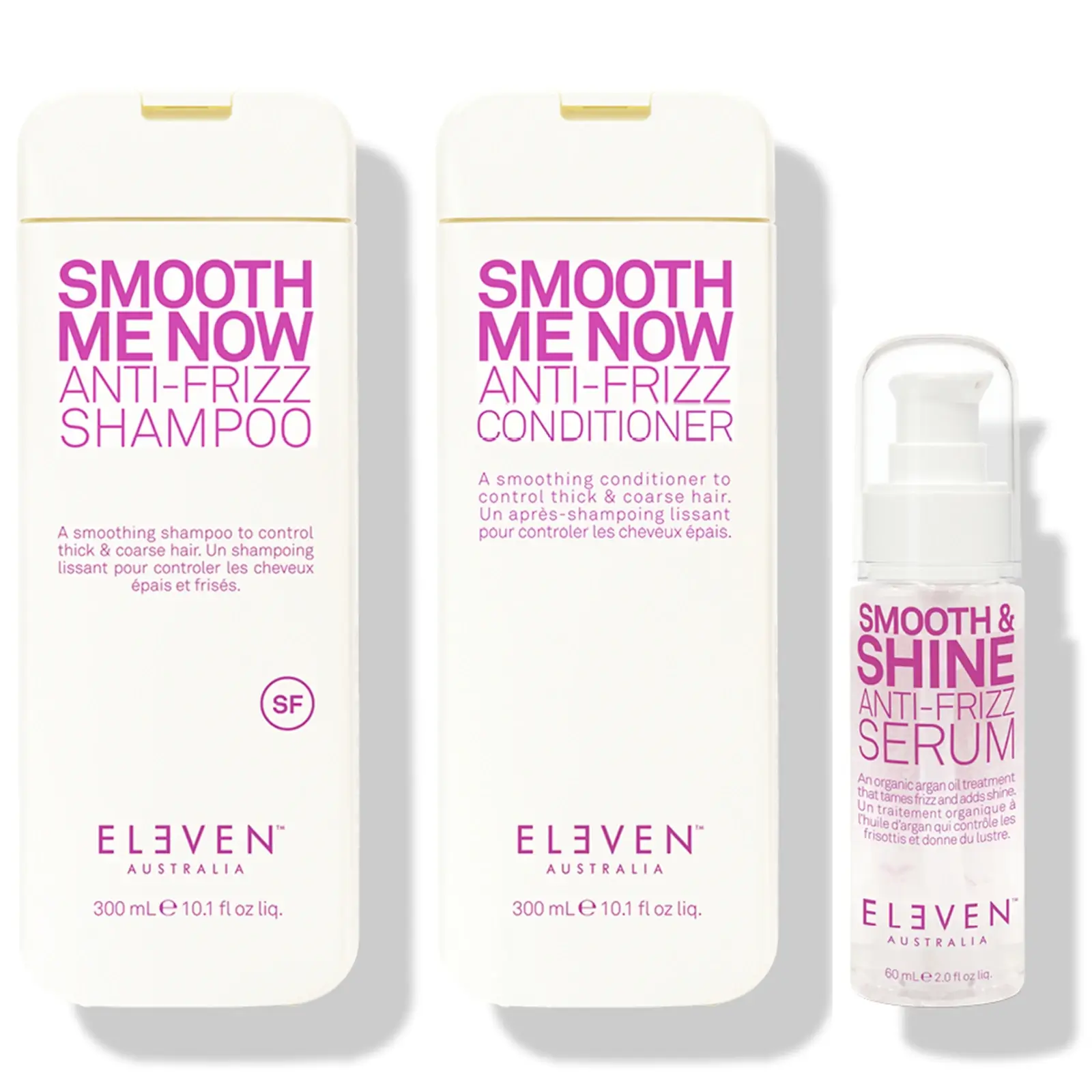 Eleven Australia Smooth Me now smoothing Trio Pack with Smooth me now shampoo, conditioner and smooth and shine anti-frizz serum