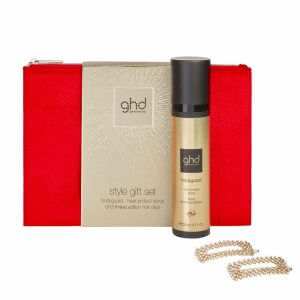 ghd style gift set 2022 with red velvet style bag, ghd heat protect spray and gold hair clips