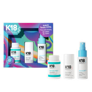 K18 Future Faves Minis 2025 gift set with K18 peptide prep shampoo, k18 Leave in hair mask & K18 Astrolift volume spray