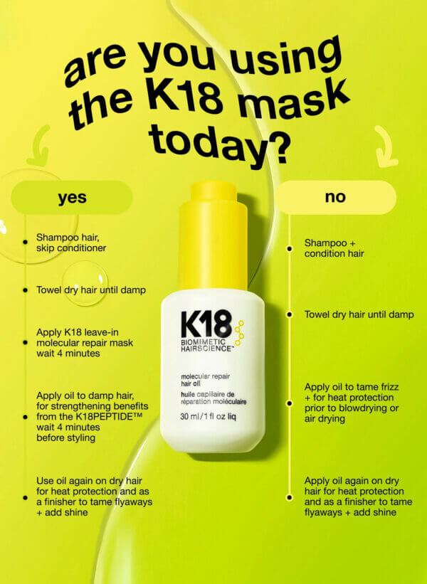 K18 hair repair oil. Routine for applying oil depending on if using K18 mask or not