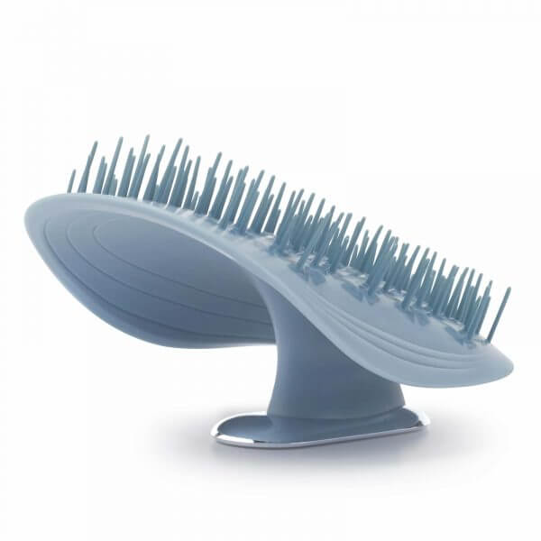 Manta Mirror detangling hair brush in Blue showing unique bristle design and patented flexguard base