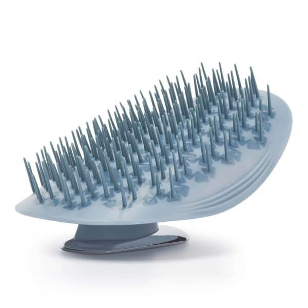 Manta Mirror detangling hair brush in Blue showing 360 degree motion bristle design and patented flexguard base