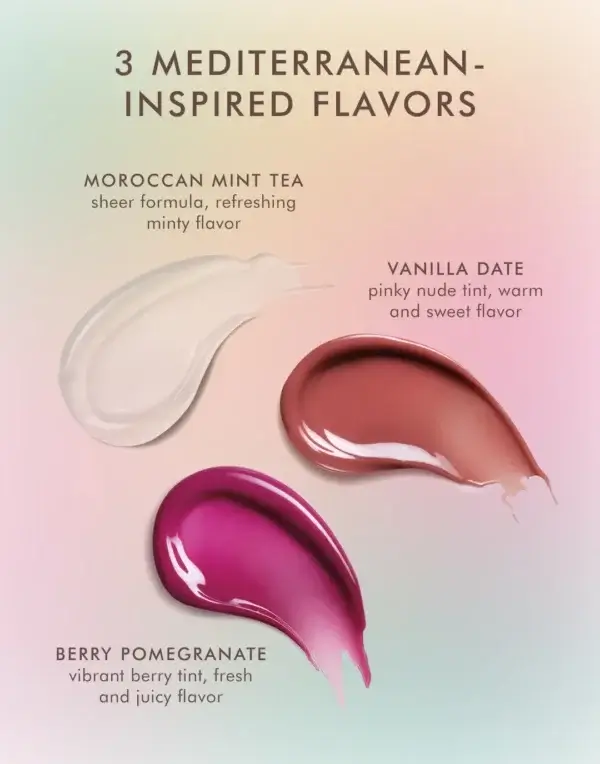 moroccanoil lip balm flavours of moroccan mint tea, vanilla date and berry pomegranate