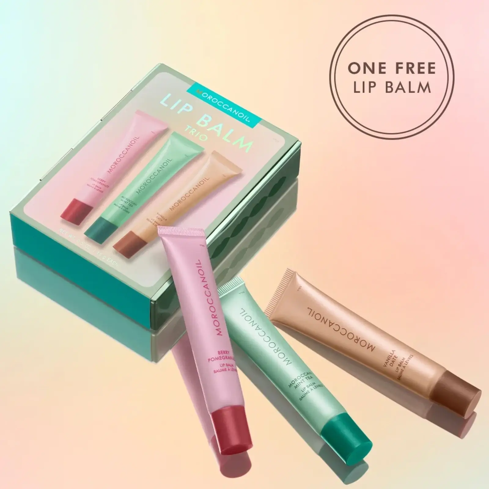Moroccanoil lip balm trio products and gift box one free lip balm