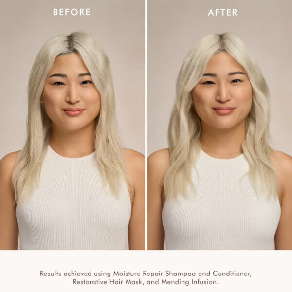 Lady with bleached blonde hair before and after using moroccanoil moisture repair shampoo, conditioner, restorative hair mask and mending infusion