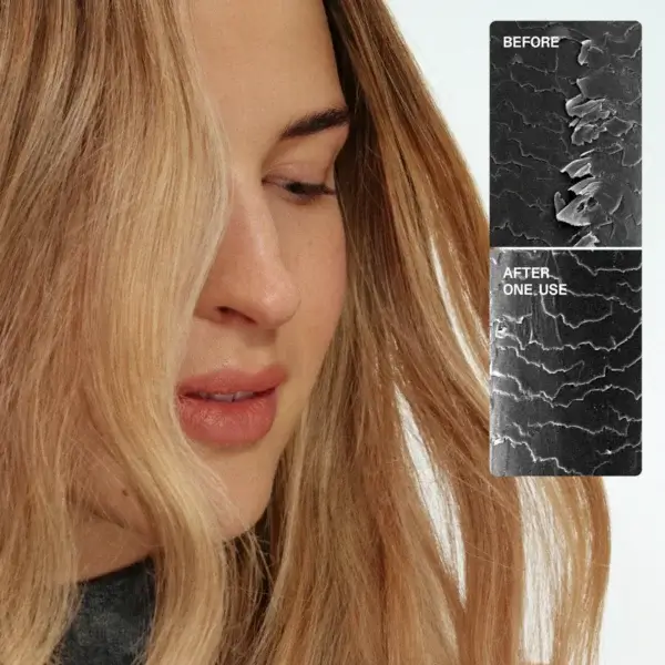 microscope images of straight blonde hair before and after using Olaplex no 3 plus