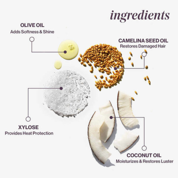 Pureology colour fanatic ingredients showing olive oil, camelina seed oil, xylose and coconut oil