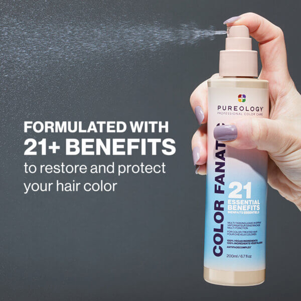 Picture showing Pureology colour fanatic treatment being sprayed with 21 benefits to restore and protect your hair colour