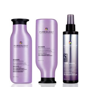 pureology hydrate trio pack containing shampoo and conditioner in 266ml size and 200ml colour fanatic leave-in treatment spray