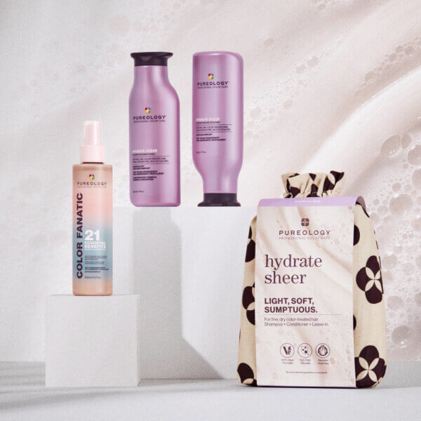 Pureology Hydrate Sheer Gift Set 2023 with Hydrate Sheer Shampoo, Conditioner and Colour Fanatic Treatment Spray