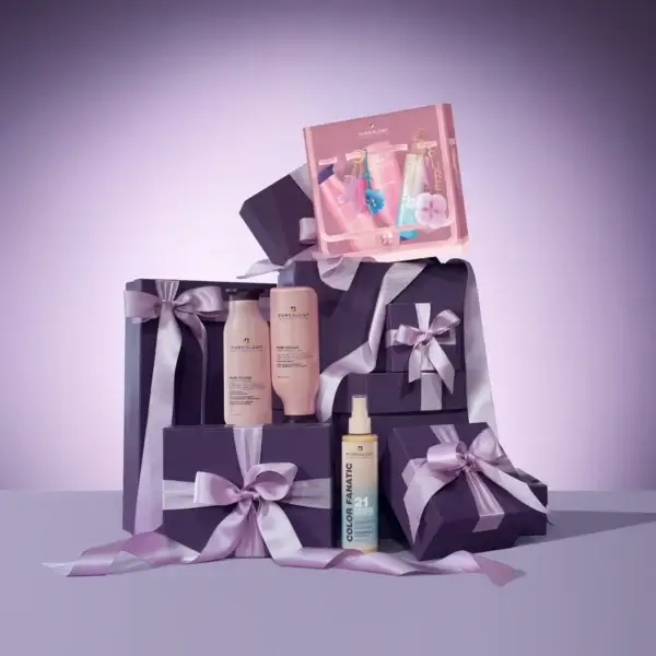 Pureology Pure Volume Christmas Gift Set 2026 displayed with Pure Volume Shampoo, Conditioner and Colour Fanatic Treatment Spray