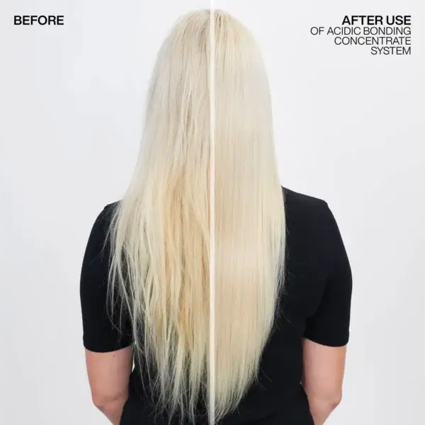Long straight bleached blonde hair before and after using Redken acidic bonding concentrate system
