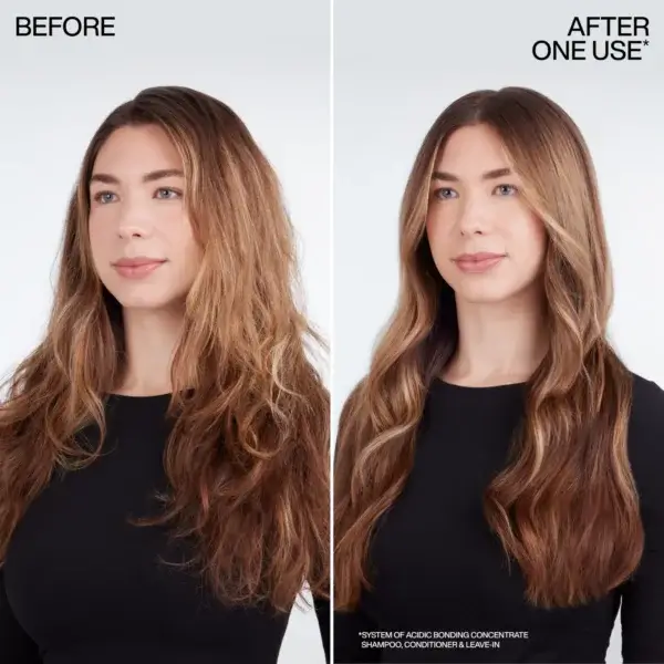Brunette wavy hair before and after using Redken acidic bonding concentrate leave in treatment