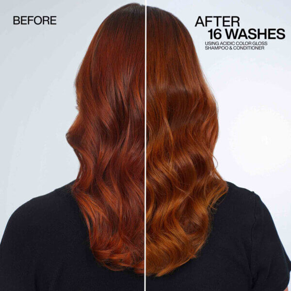 Redken Acidic Colour Gloss showing glossy Red hair before and after 16 washes using Acidic Colour Gloss Shampoo & Conditioner