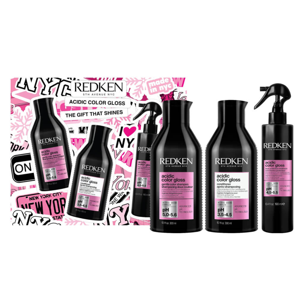 Redken acidic colour gloss Christmas 2025 gift set containing acidic colour gloss shampoo, conditioner and heat protection treatment