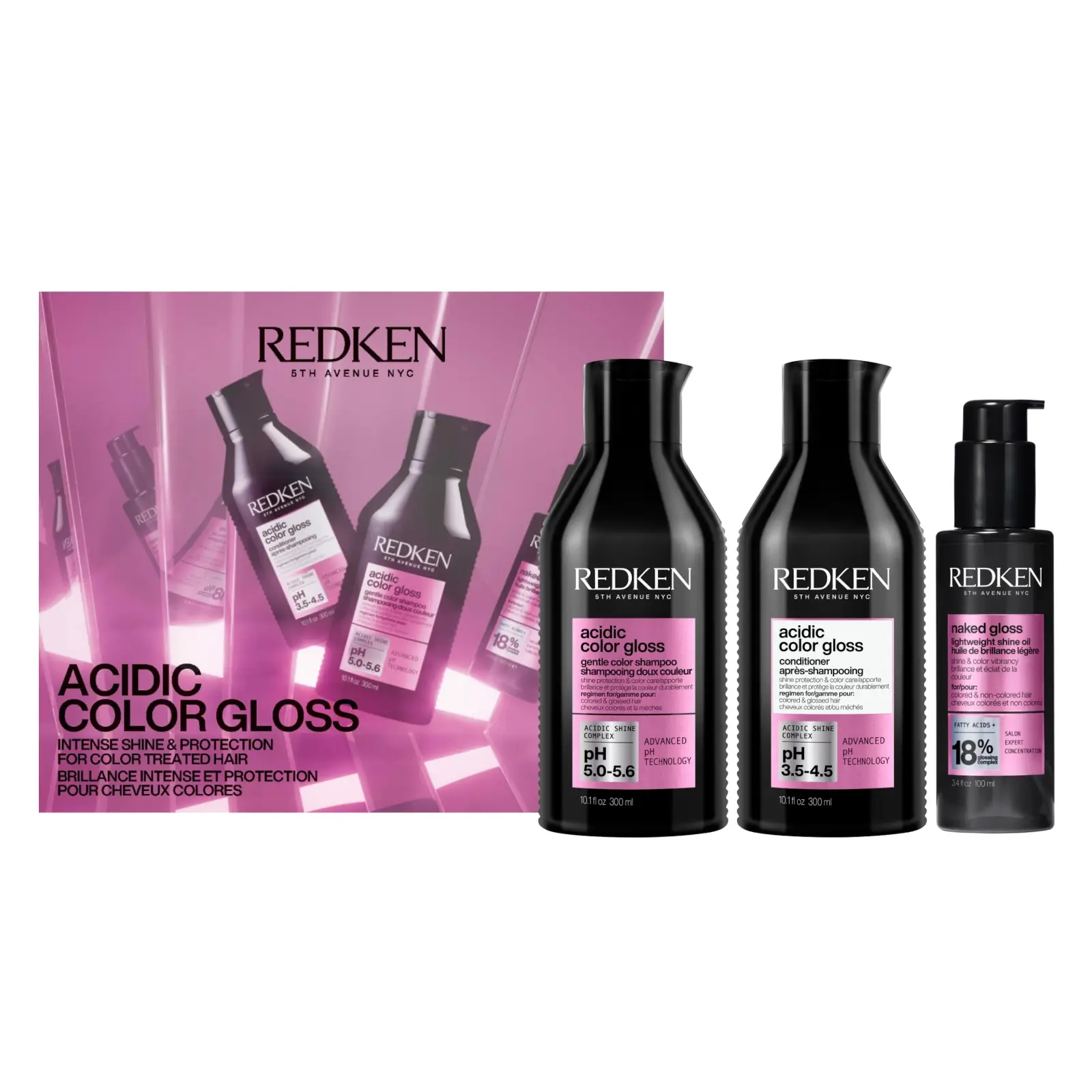 Redken acidic colour gloss Christmas 2026 gift set containing acidic colour gloss shampoo, conditioner and naked gloss shine oil