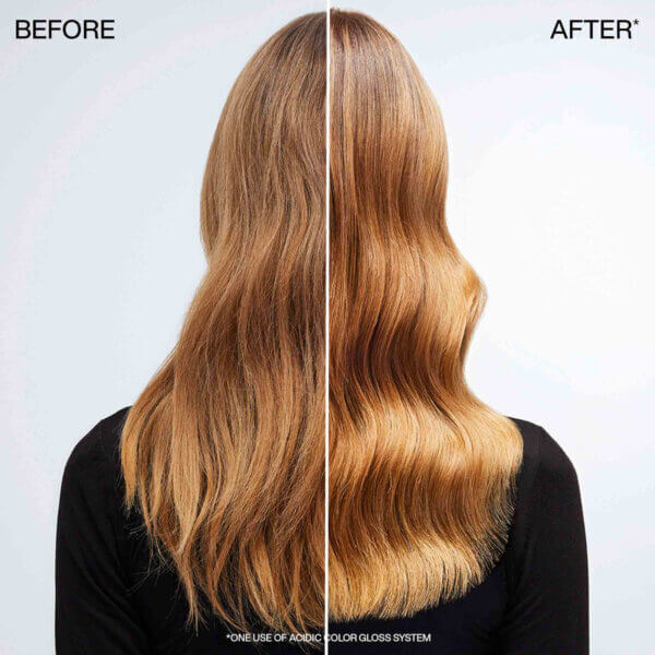 Blonde wavy hair before and after one use of Redken Acidic Colour Gloss System