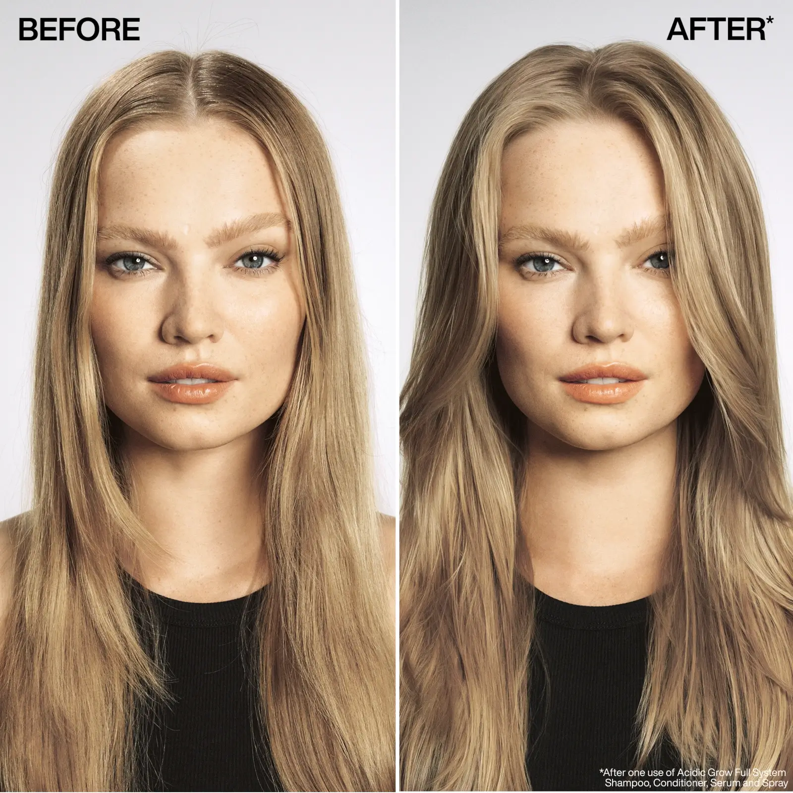 Long fine hair Blonde female before and after using Redken Acidic Grow Full System