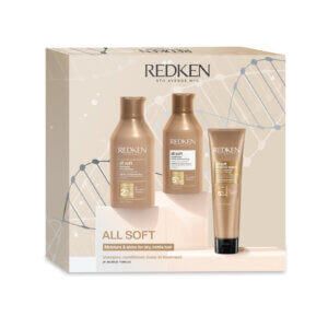 Redken All Soft Christmas Gift Set 2022 with shampoo and conditioner and one united treatment spray in gift box