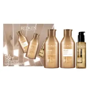 Redken All Soft Christmas Gift Set 2026 with shampoo, conditioner and argan-6 oil in gift box.