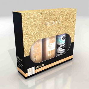 Redken All Soft Christmas Gift Set 2021 with shampoo and conditioner and one united treatment spray in gift box