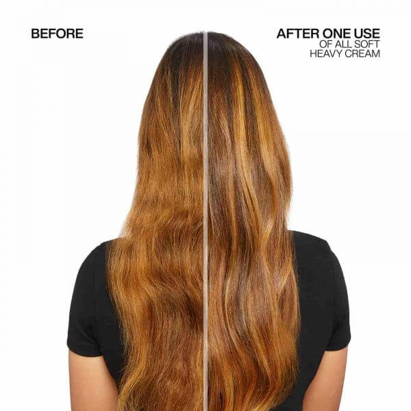 redken all soft heavy cream showing long brown highlighted hair before and after one use