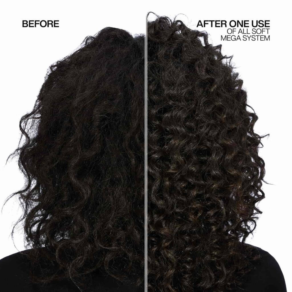 redken all soft mega system showing thick curly hair before and after one use with improved curl definition and shine