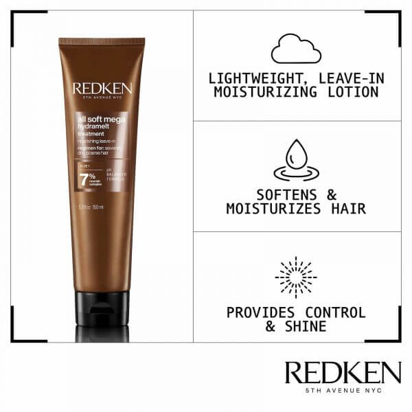 Redken All Soft Mega Hydra Melt 3 main benefits. lightweight leave-in moisturising lotion. softens and moisturises hair. provides control and shine.