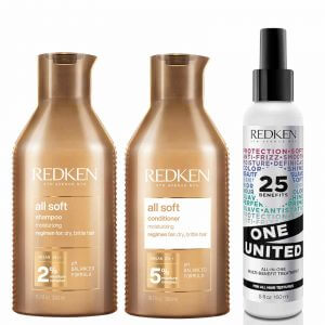 Redken all soft shampoo 300ml conditioner 300ml and one united 150ml trio pack