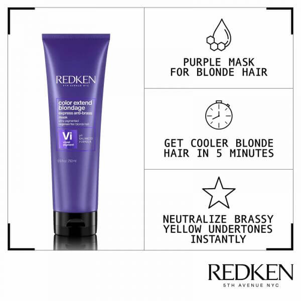 redken blondage express anti-brass mask purple mask for blonde hair gives cooler blonde in 5 minutes to neutralise brassy yellow undertones