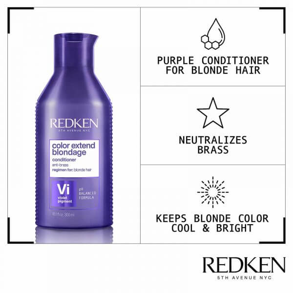 Redken blondage conditioner summary of benefits. Purple conditioner for blonde hair that neutralises brass and keeps blonde colour cool and bright