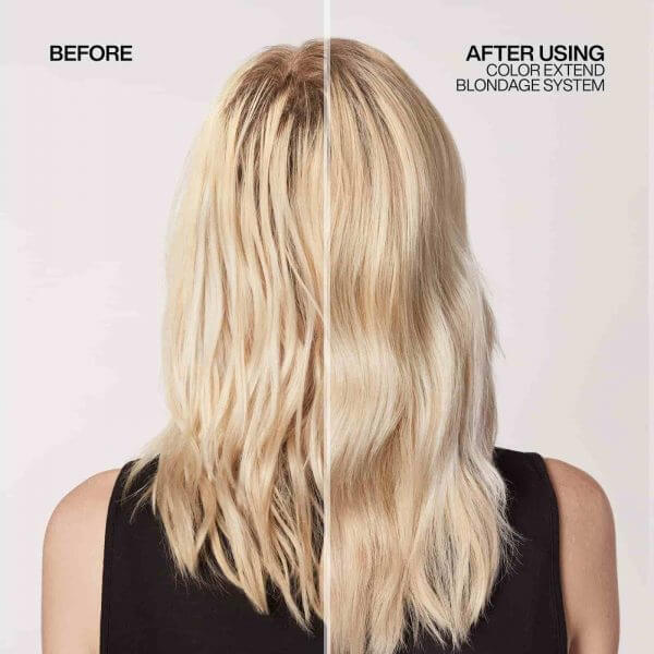 Photo of blonde hair model showing before and after using Redken Colour Extend Blondage