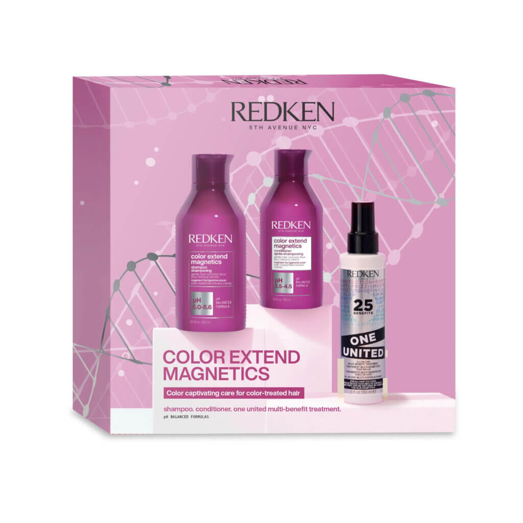 Redken Colour Extend Magnetics Christmas Gift Set 2023 with shampoo and conditioner and one united treatment spray in gift box