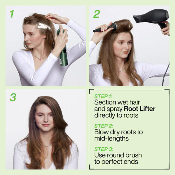 Redken Root Lifter Mousse How to apply: Step 1 - sectoin wet hair and spray root lifter directly to roots. Step 2 - blow dry roots to mid lengths. Step 3 - Use round brush to perfect ends